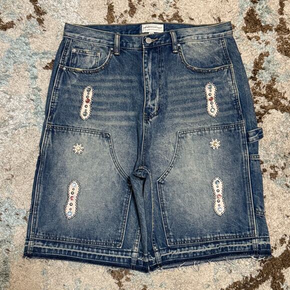 Japanese Sorrows 15 oz Embellished Double Knee Denim Shorts Size 32 Streetwear
